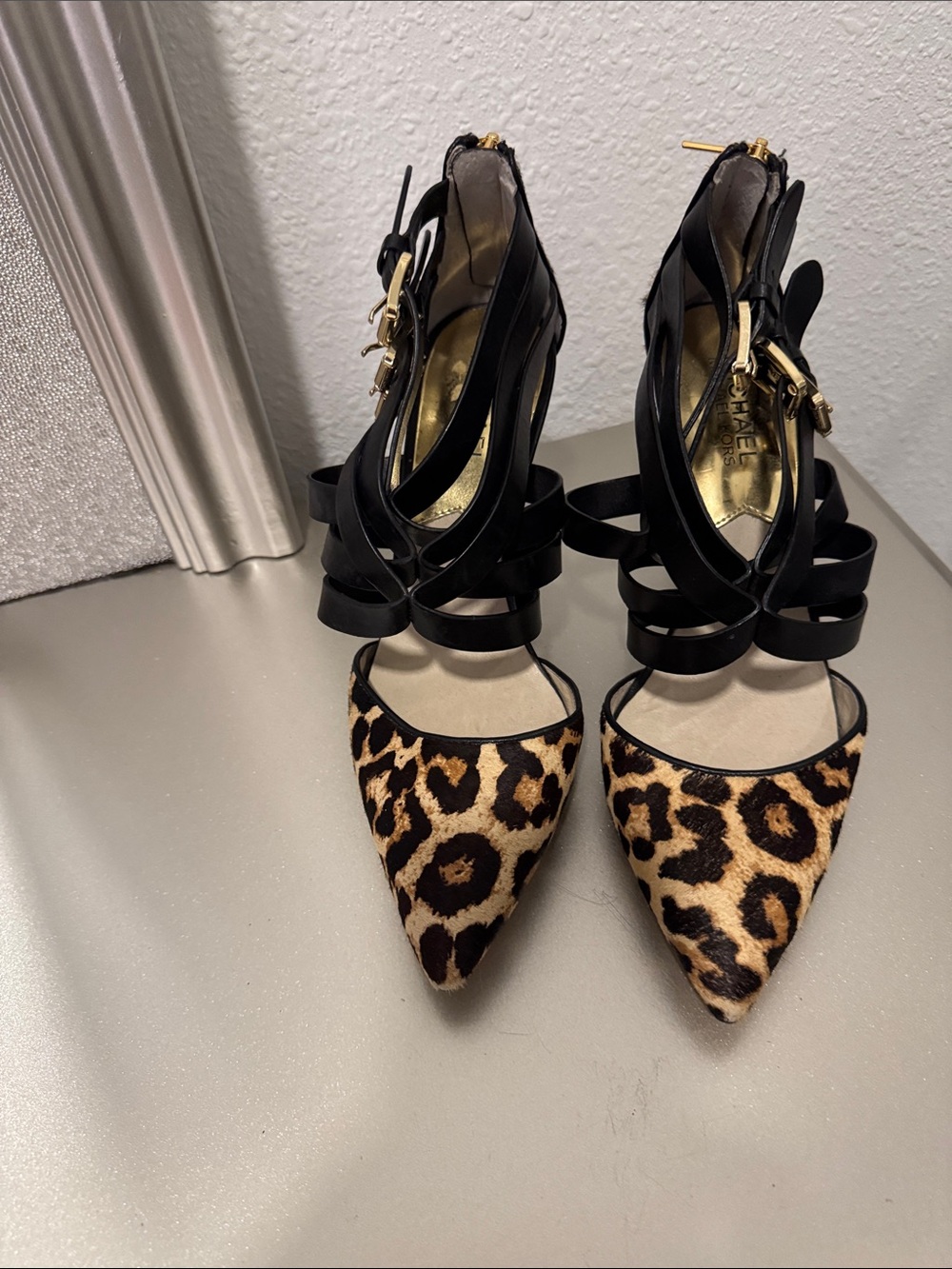 Michael Kors Leopard Print Pointed-Toe Strappy Sandals with Black Leather Ankles